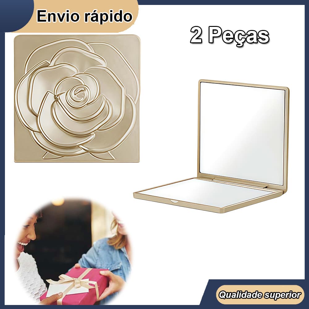 Espelho de maquiagem quadrado em formato de rosa, espelho de maquiagem requintado, espelho de viagem, 7.2x7.2cm, dourado