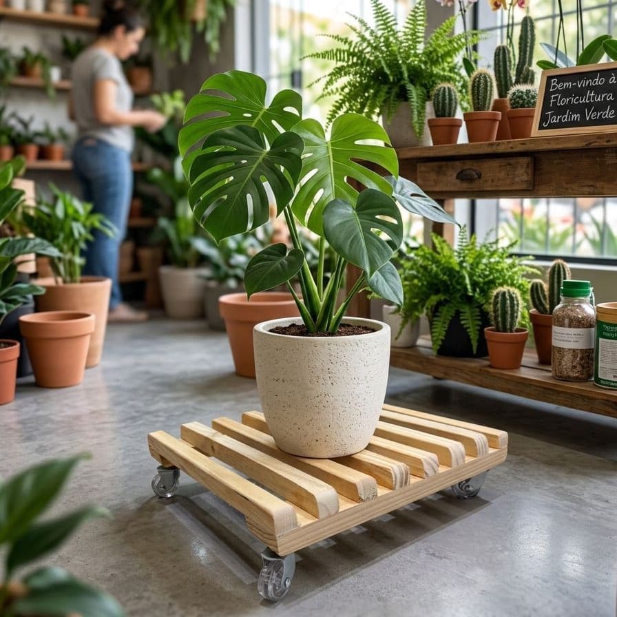 Suporte para Vaso com Rodinhas 360° 30x30cm Madeira Resistente até 80kg Carrinho para Plantas fácil de mover Reforçado