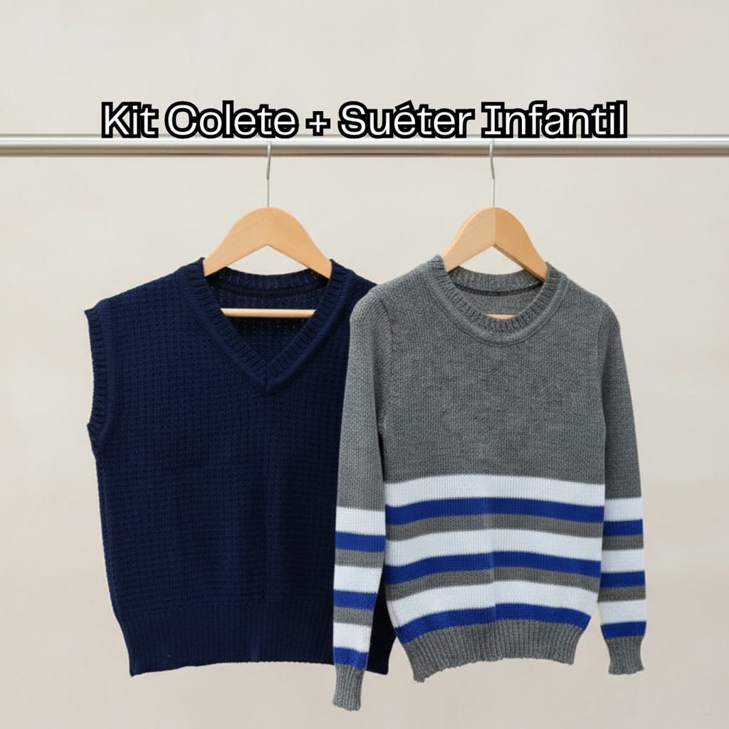 Kit Infantil 2 Peças em Tricot – 1 Colete + 1 Suéter – Tamanhos 1 ao 8 – Kit Quentinho Inverno