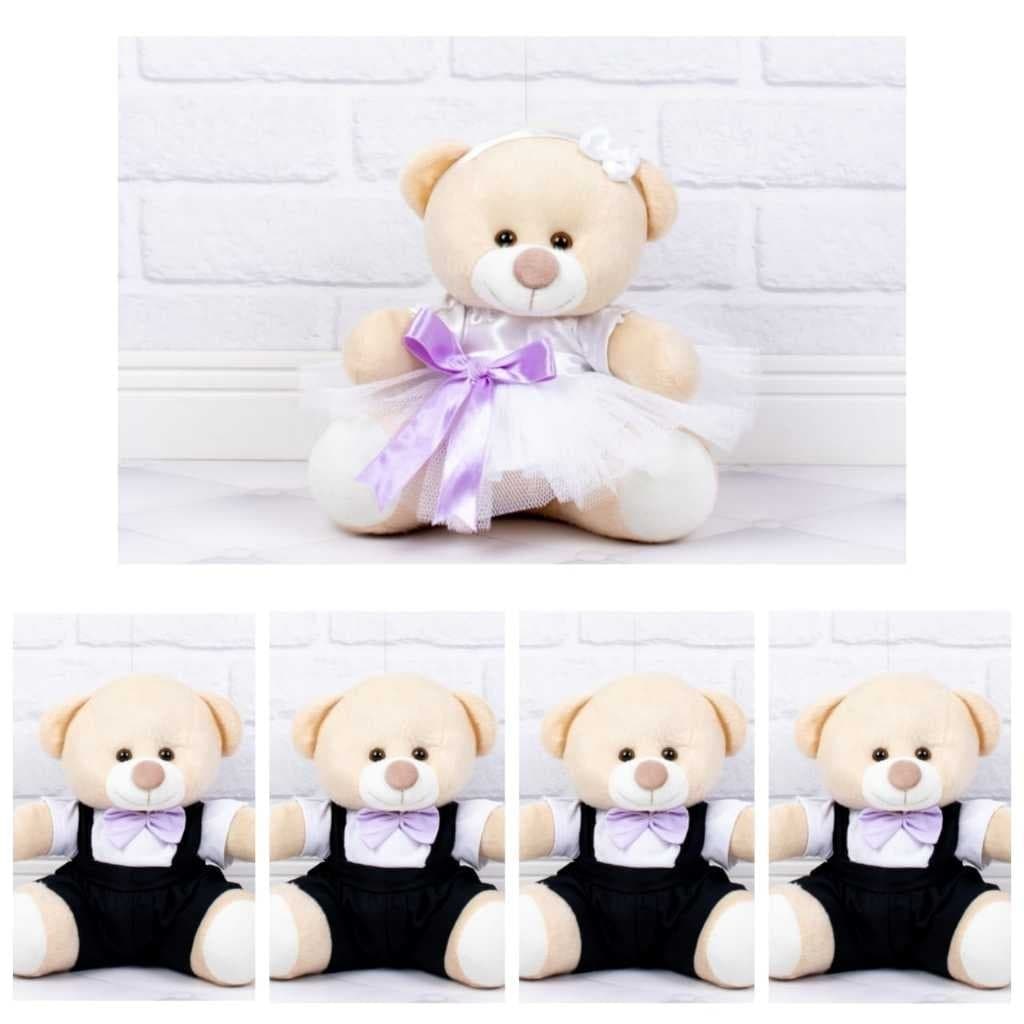 Kit Ursos Casamento 4 pajem Preto e 1 Daminha - Detalhes lilás - Pelúcia de Luxo