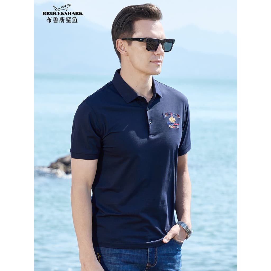 Verão novo estilo camiseta masculina de manga curta camisa Polo Bruce Shark Street Wear solto cor sólida tamanho grande
