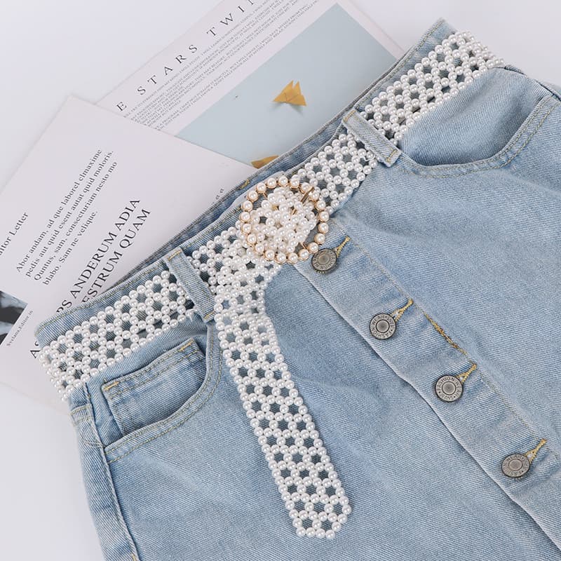 Jeans pérola frisado trançado cinto decoração feminino versão coreana vestido decoração moda simples All-Match cinto na