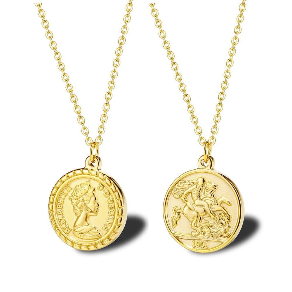 Colar com pingente de moeda com retrato da Rainha Elizabeth, banhado a ouro 18K, estilo europeu e americano, com corrent