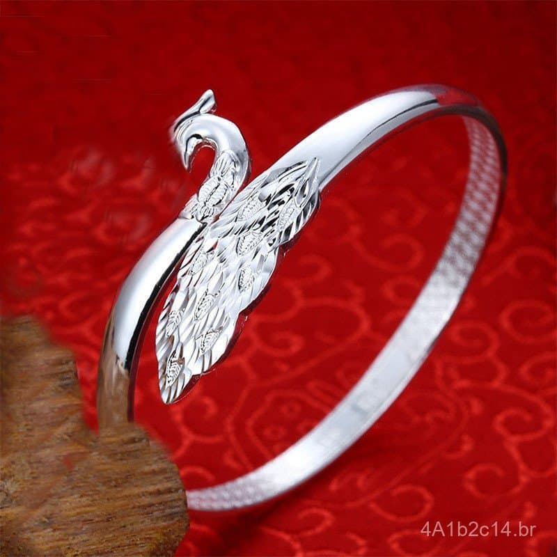 Pulseira de Prata Pavão para Mulheres, Bracelete Aberto Ajustável Banhado a Prata, Pulseira de Estilo Étnico, Venda Dire