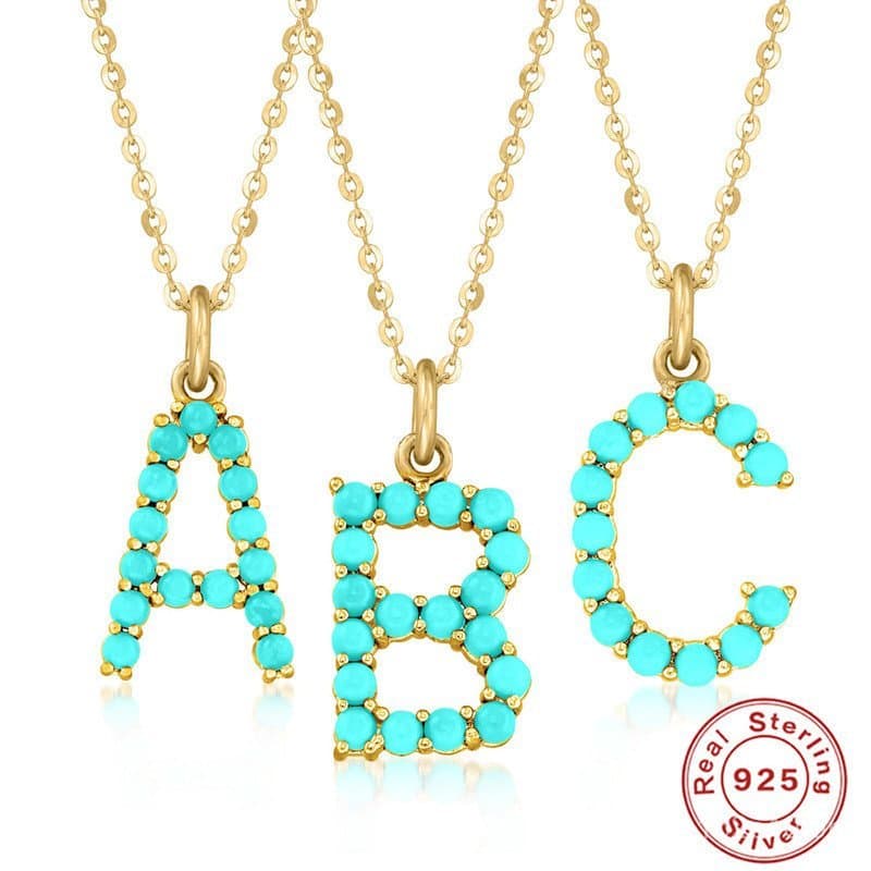 Colar de prata esterlina S925 com 26 letras, colar de letra inicial em turquesa natural de alta qualidade, corrente para