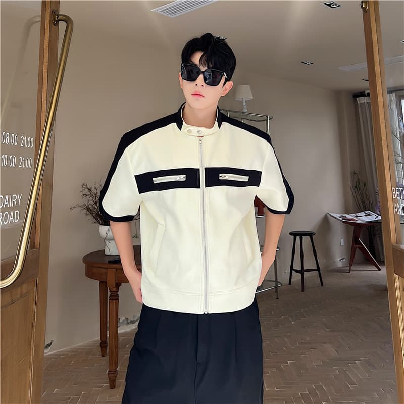 Verão americano Retro high Street jaqueta de manga curta masculino nicho Design zíper contraste cor high-End camiseta me