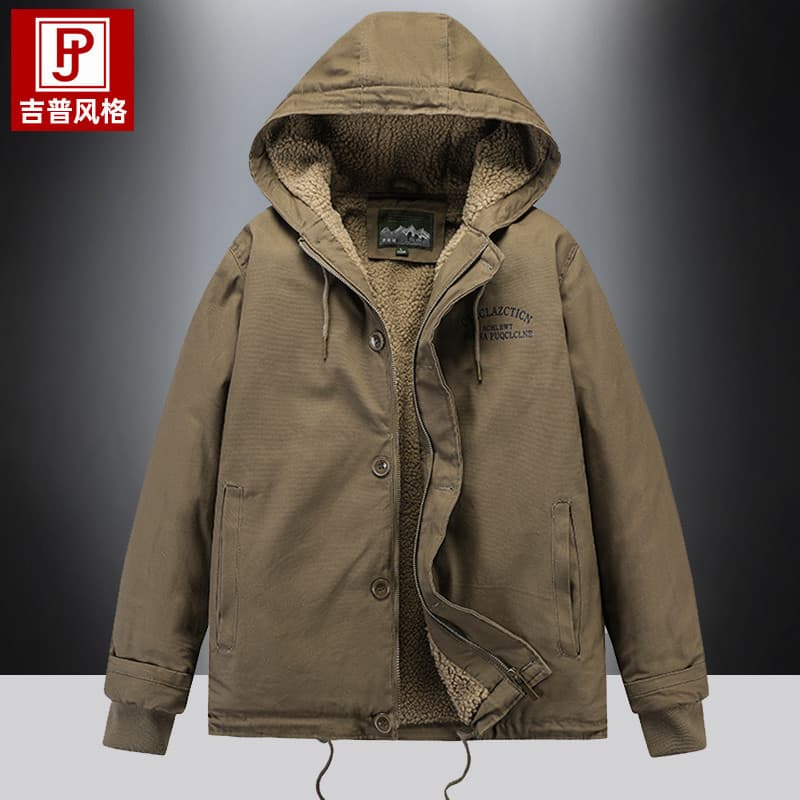 Jaqueta masculina acolchoada de algodão de lã de cordeiro com capuz de inverno acolchoada de lã espessada solta roupa de