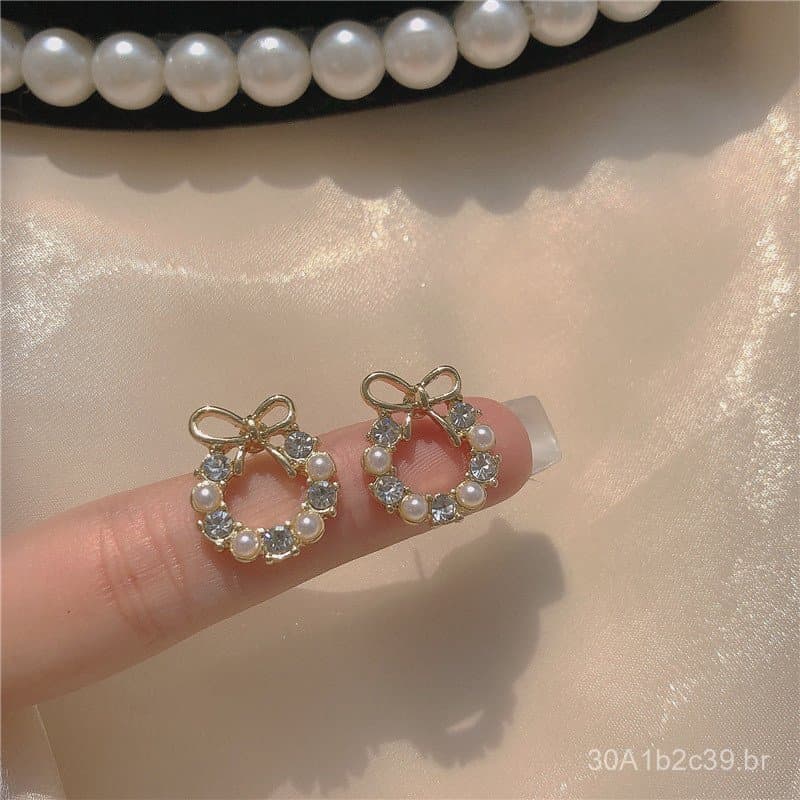 Brincos de laço circular com strass, super brilhantes, estilo ins, brincos femininos doce estilo coreano, novos acessóri