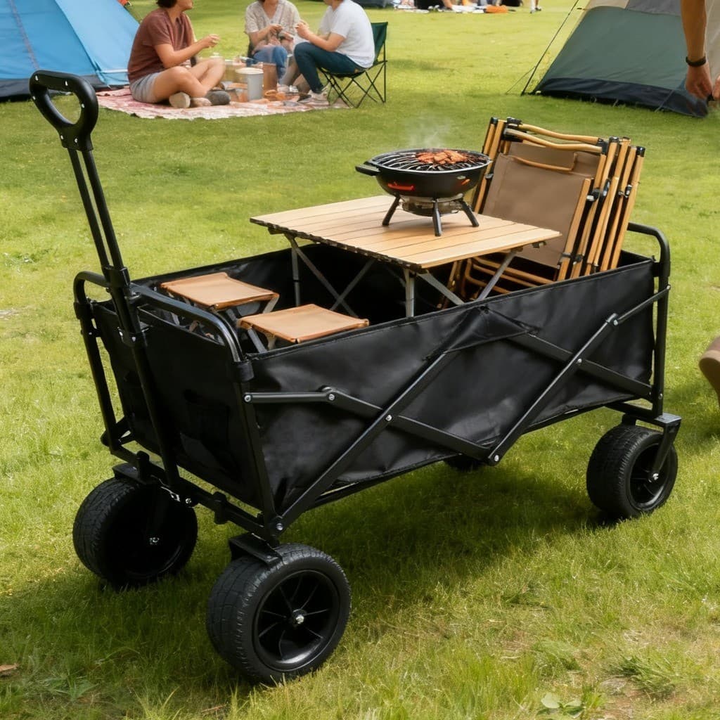 Carrinho Multiuso 150kg Dobrável Portátil Rodas Grossas Praia Camping Eventos Feira Compras