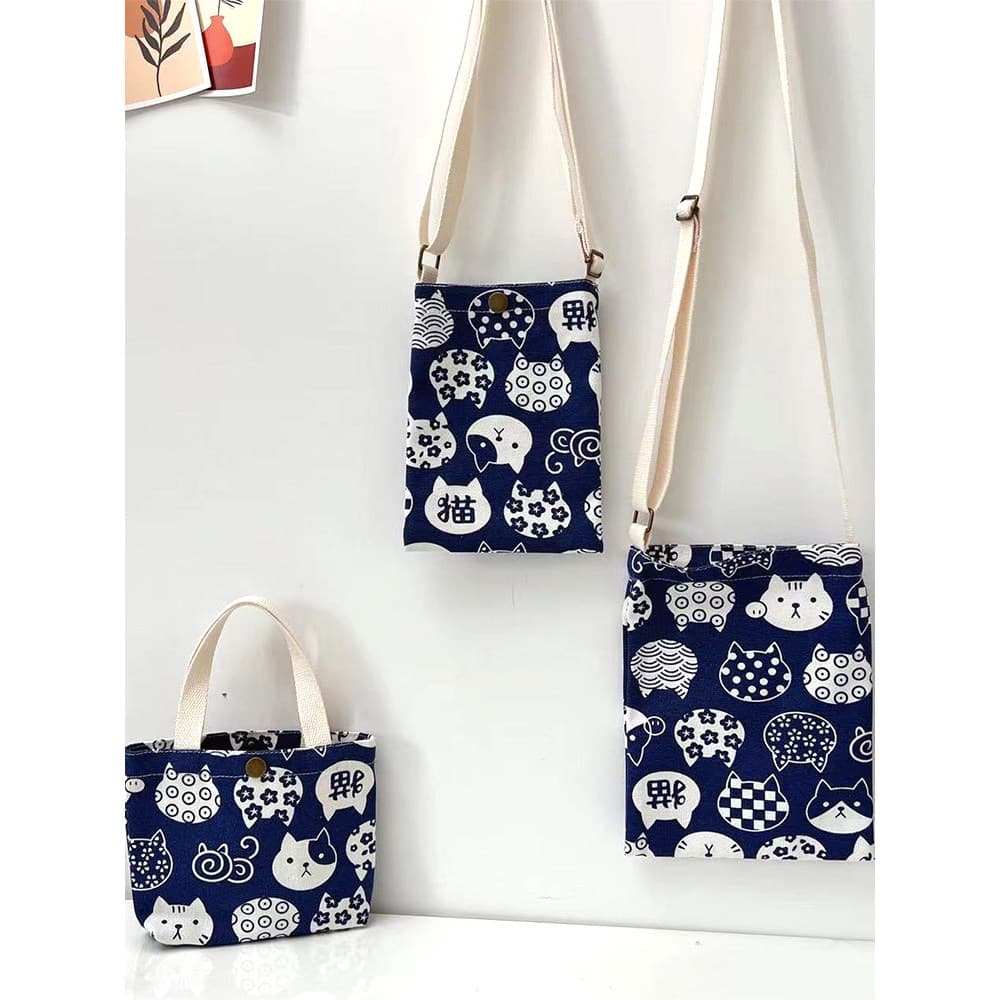 Senhoras verão saco do telefone móvel Diagonal pequeno saco japonês bonito gato simples lona pequena mochila novo saco d
