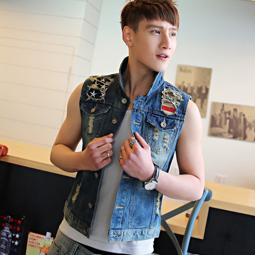 A8 Colete jeans masculino exclusivo, jaqueta curta sem mangas da moda masculina, colete retrô