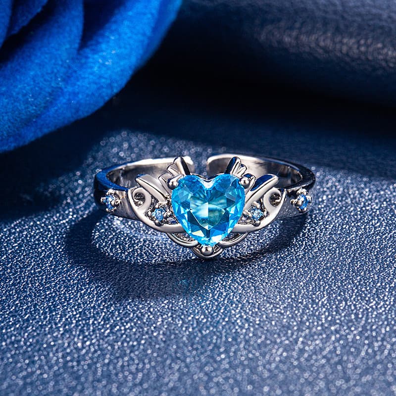 Moda simples colorido safira mar azul diamante anel em forma de coração abertura anel ajustável