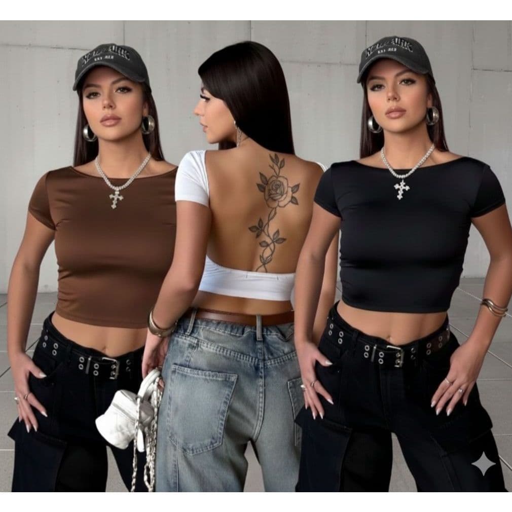 Cropped Costa Nua Ombro a Ombro Manga Curta Suplex Baby Tee Liso Casual Básico Tecido Duplo
