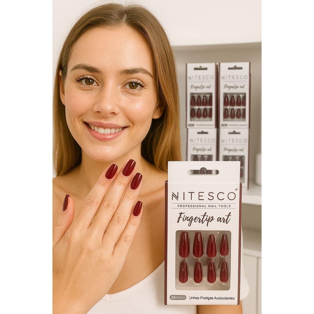 Kit 3/4/12un Unhas Postiças Bailarina Vermelho Vinho Escuro Delicada Nitesco - Elegante e Delicado Uso Diario