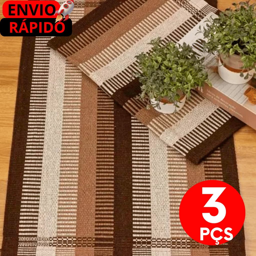 Jogo Passadeira 3 Peças de Tear Tapete de Cozinha Salas Corredores e ao lado da Cama