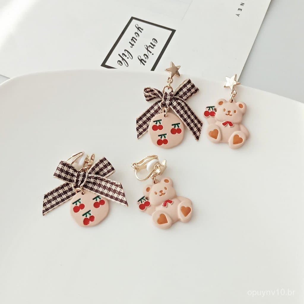Brincos de urso com laço assimétrico em prata S925, brincos doces e fofos no estilo coreano.