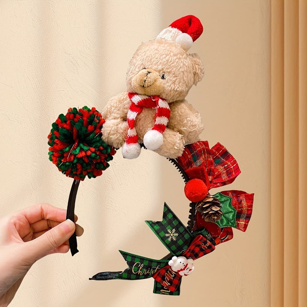 Adorável Tiara de Urso para Meninas, Acessório de Cabelo Colorido de Natal em Tricô