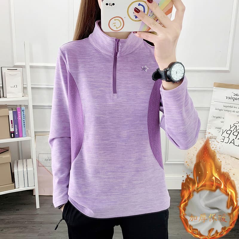 Jaqueta de lã esportiva elástica ao ar livre feminina espessada quente de manga comprida camiseta feminina escovada velu