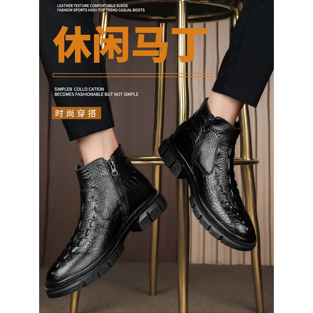 Botas Chelsea com padrão de crocodilo, botas masculinas estilo britânico com zíper de alta qualidade, botas curtas de co
