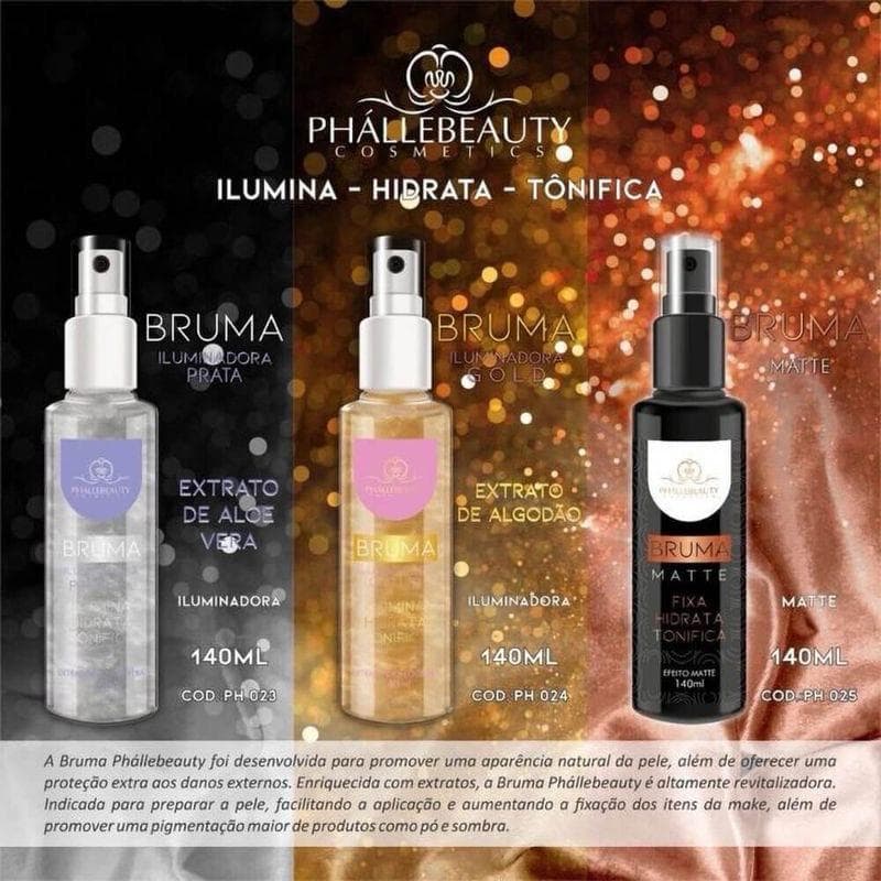 Phállebeauty Bruma Iluminadora Prata Fixador de Maquiagem 140ml - Hidrata e Tonifica para Maquiagem Perfeita