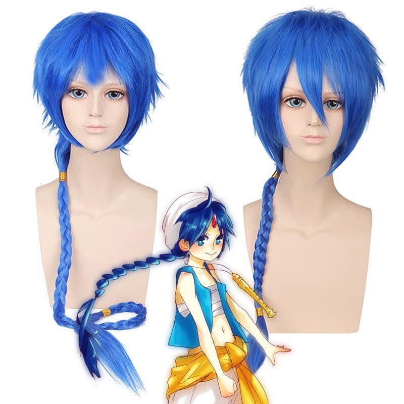 Peruca de cosplay de Magi: The Labyrinth of Magic, estilo de cabelo cacheado trançado azul royal, peruca de anime do irm