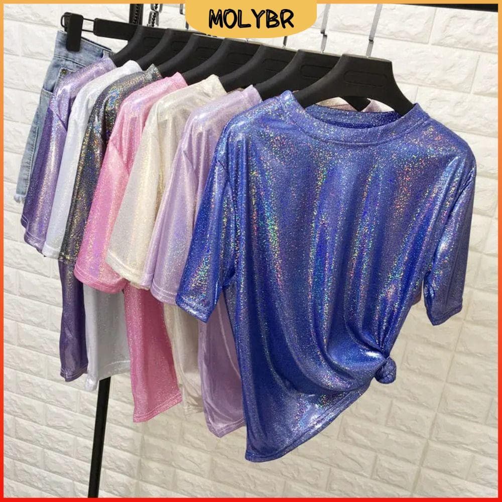 Camiseta MOLYBR , Tops Femininos De Seda Brilhante , Verão Harajuku Estética Estilo Retrô Roupa De Dança Feminina