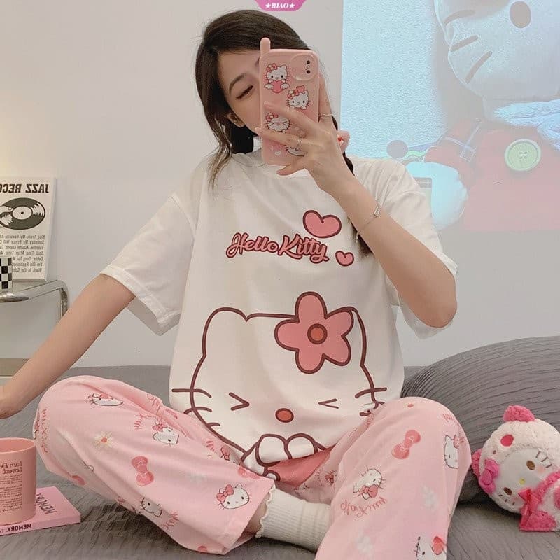 Conjunto De Pijama De Desenho Animado Sanrio Hello Kitty Y2K Para Casa Feminina Casual Solto Vestido De Manga Curta