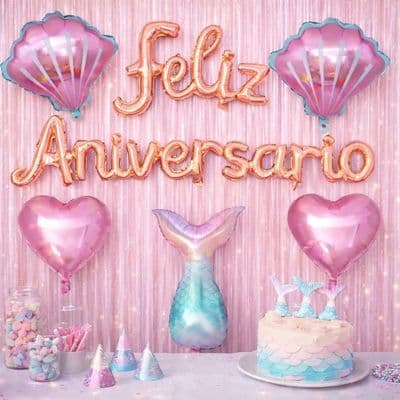 Kit Festa Sereia Rosa Decoração Completa Feliz Aniversário com Cortina Metalizada Balões Concha Coração e Cauda