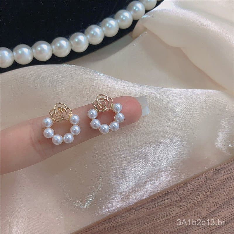 Brincos de Pérola e Flor de Rosa~Brincos Doces, Simples e Elegantes, Novidade da Primavera para Mulheres, Acessórios de