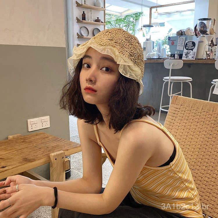 Chapéu de palha feminino estilo japonês, feito à mão, com acabamento em renda de chiffon, aba com babados vazados e patc