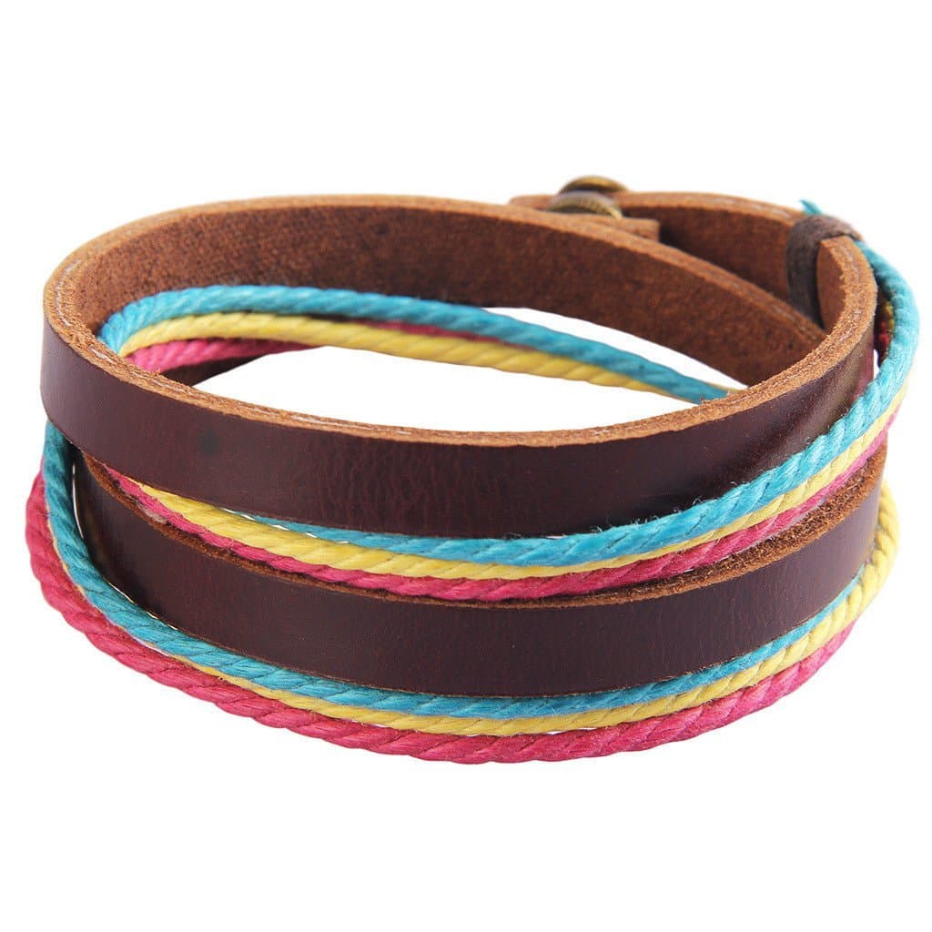 Joias Arco-Íris, Pulseira Simples de Múltiplas Camadas em Couro Bovino com Corda Colorida, Joia Criativa de Estilo Europ