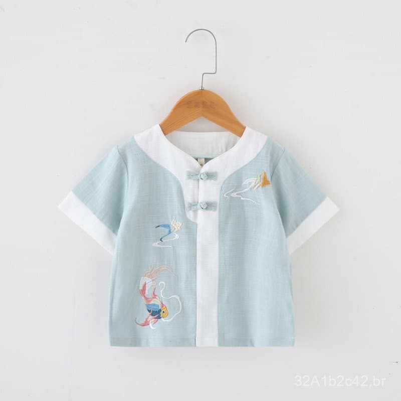 Conjunto de verão infantil estilo Tang, traje Tang de manga curta para meninos, blusa Hanfu de algodão e linho, calças d
