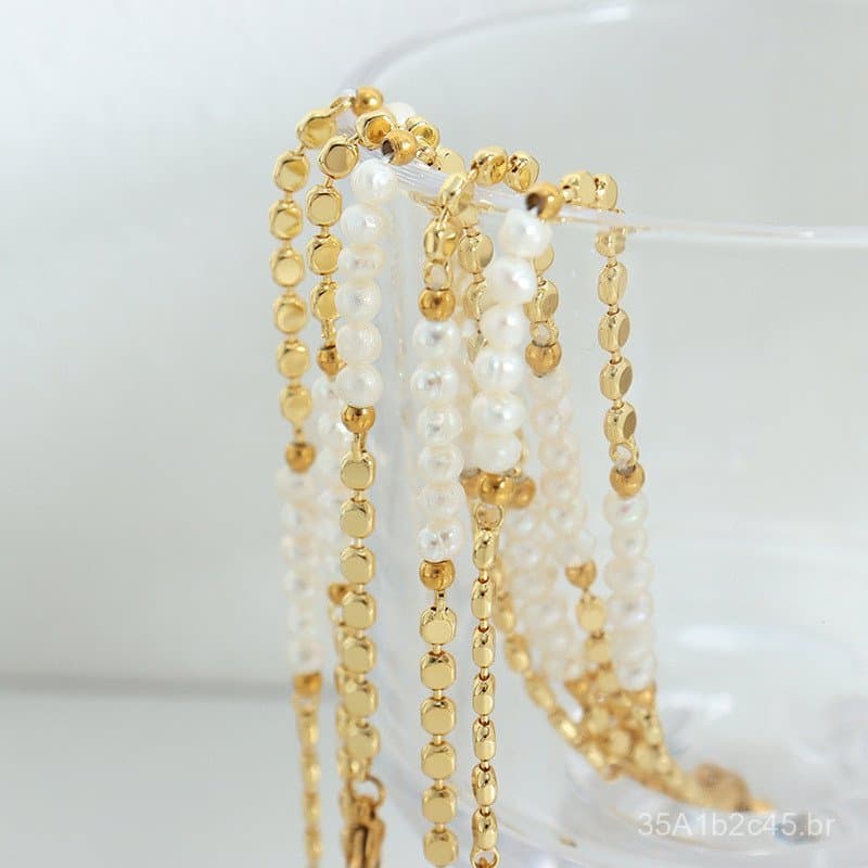 Pulseira elegante estilo francês com contas planas e pérolas barrocas de água doce, estilo feminino e elegante, feita de