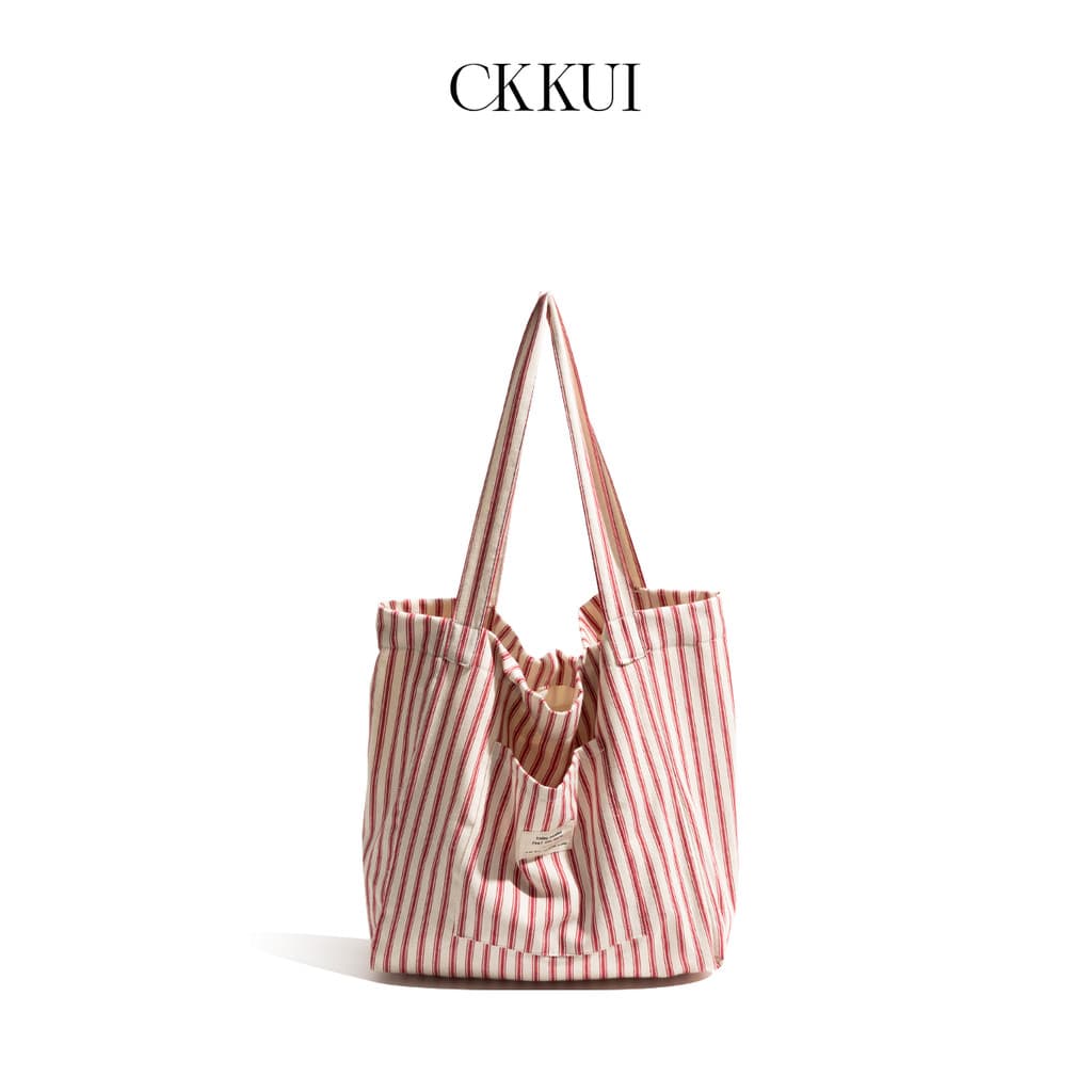 CKKUI Bolsa de lona listrada francesa 2025 outono inverno novo estilo sacola de grande capacidade bolsa de ombro leve co