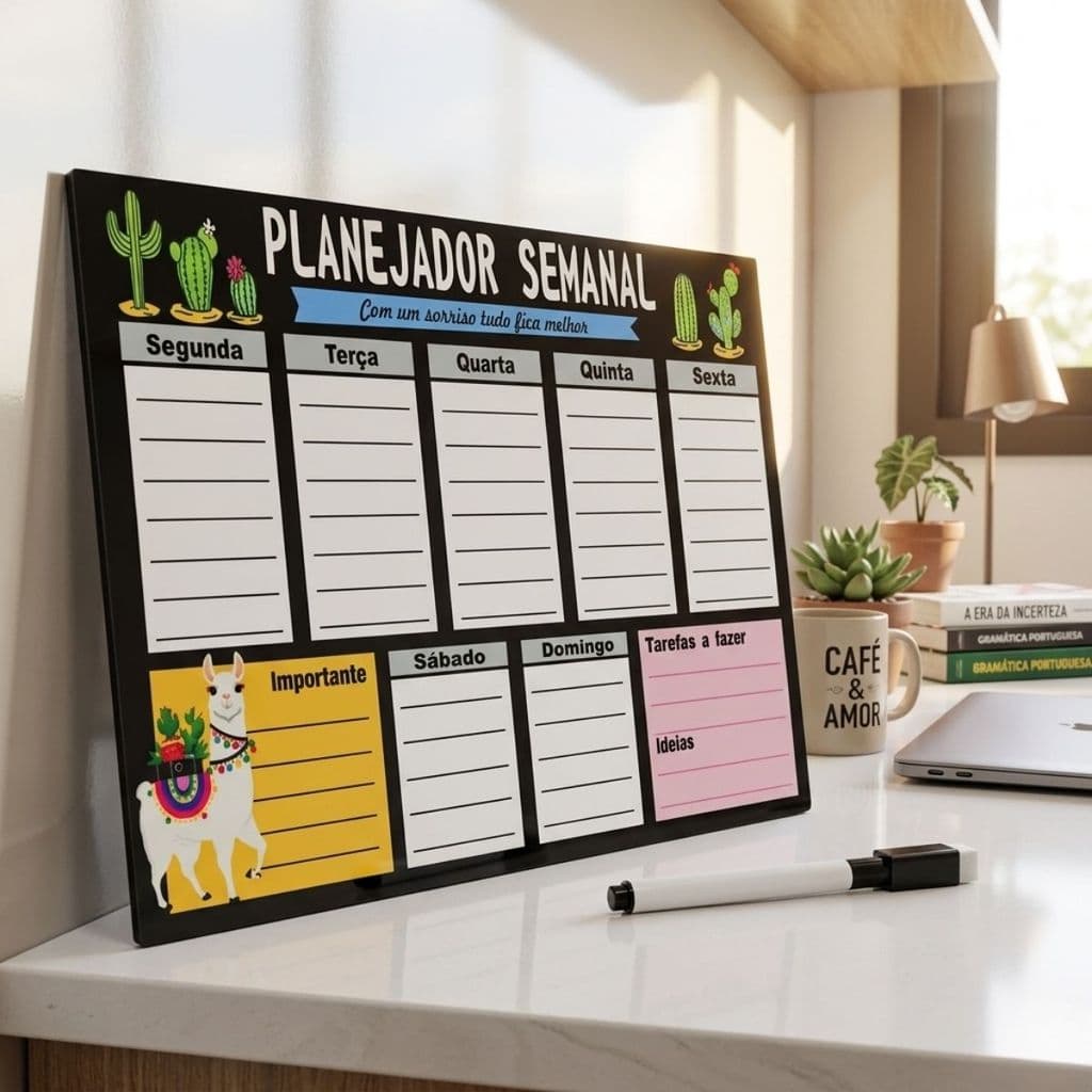 Quadro Lousa Planner Semanal 20x26cm Metal com Caneta Apagável Organizador de Tarefas Semanal