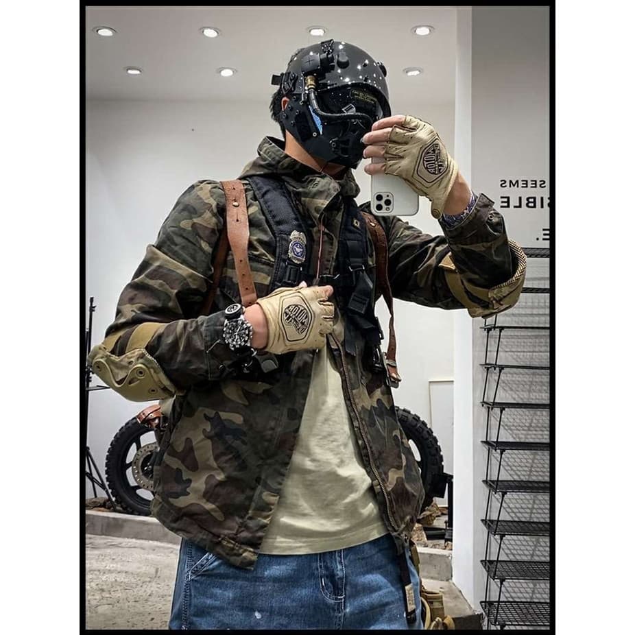 Retro lavado frito rua com capuz zíper cordão Multi-bolso macacão treinador jaqueta camuflagem topo na moda masculino