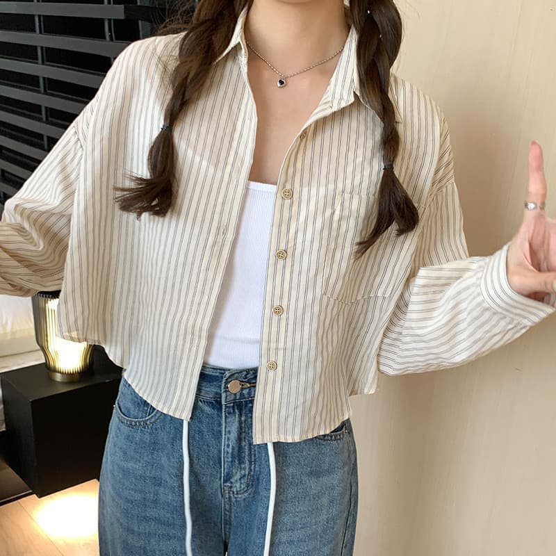 Versão coreana novo estilo pequeno Retro listrado de manga comprida protetor solar camisa feminina verão estilo fino Des