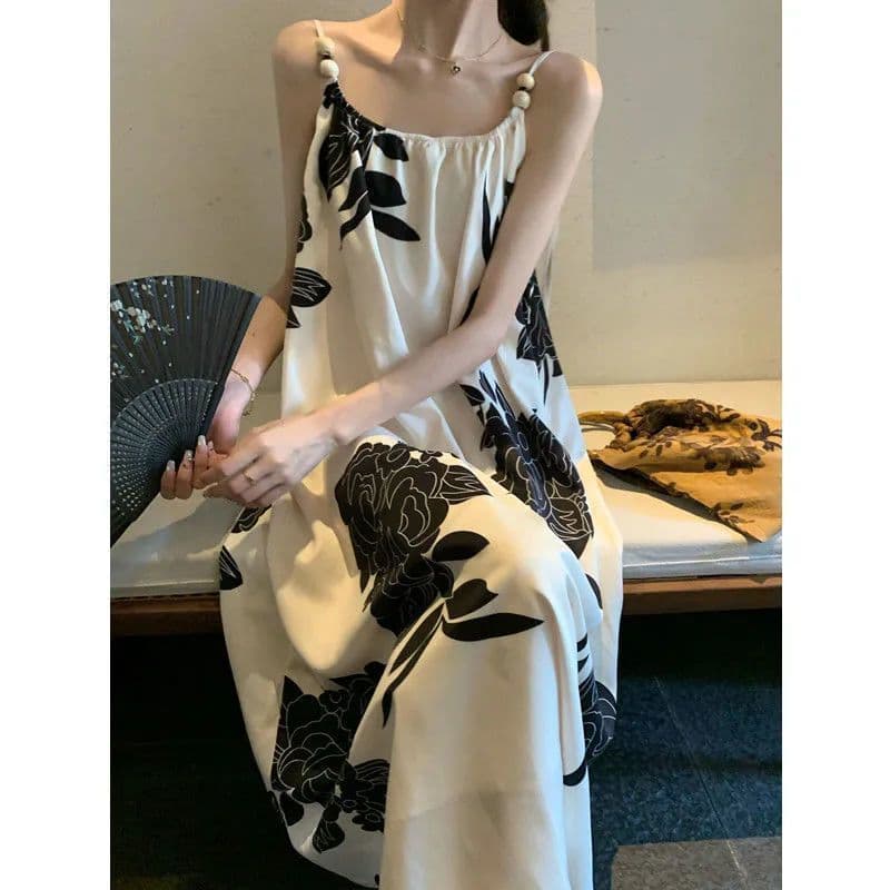 Retro impresso estilingue vestido solto mais magro olhar vestido de comprimento médio feminino verão temperamento saia s