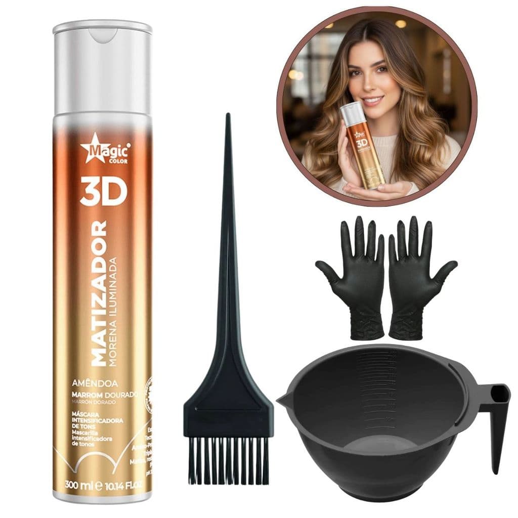 Kit Matizador Morena Iluminada Amendoa 300ml Magic Color + Cumbuca + pincel + luvas