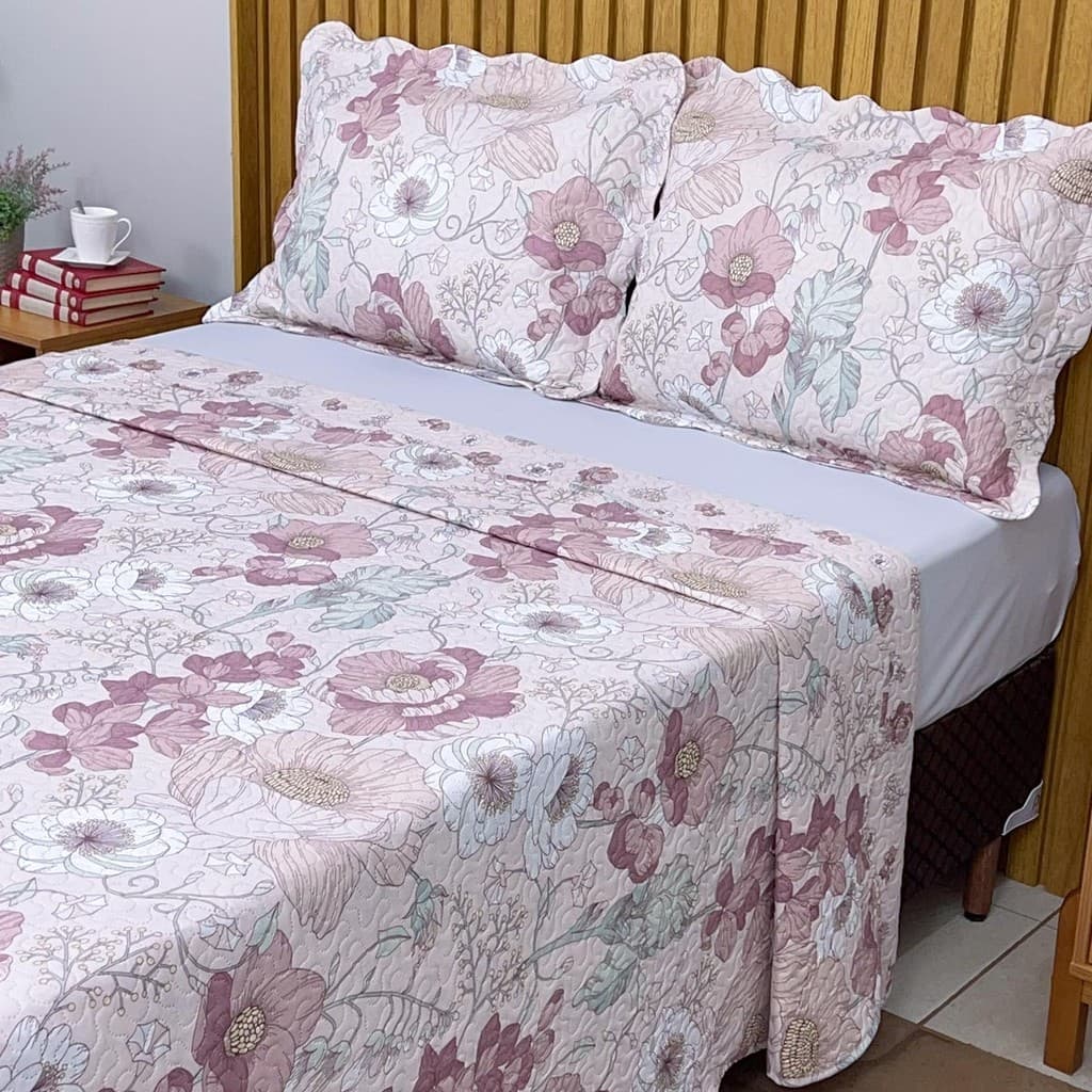 Cobre Leito Queen Estampado Colcha Dupla Face Matelado c/ Porta Travesseiro