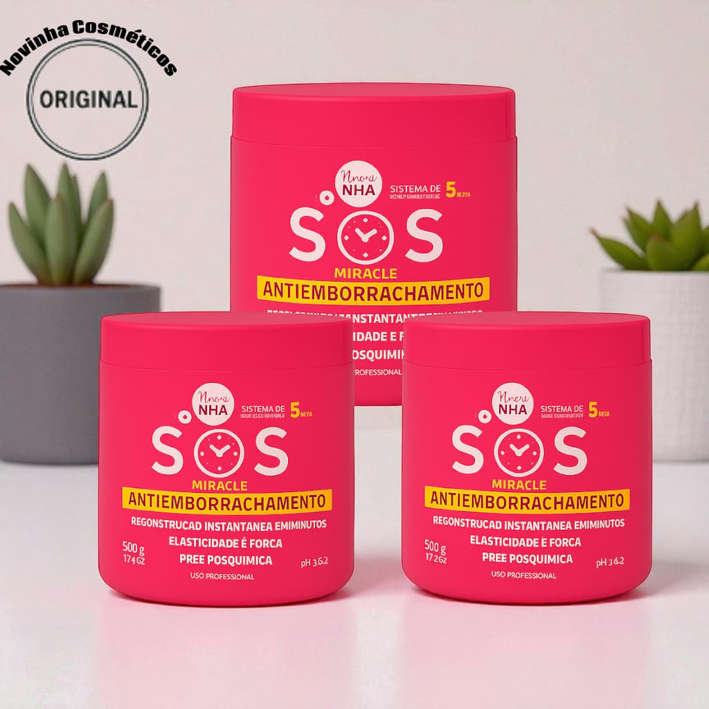 Kit 3 Máscara SOS Miracle | Antiemborrachamento 500g | Reconstrução Instantânea | Elasticidade