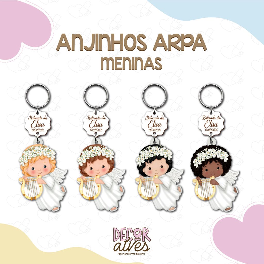 Anjinhas Batizado BRANCO / MENINAS - Chaveiro Personalizado MDF brilhoso Lembrancinha infantil