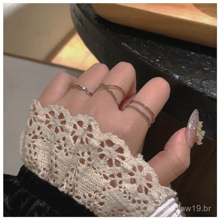 Conjunto de 3 anéis em estilo minimalista, anéis combinados empilháveis de dupla camada para mulheres, anéis lisos com d