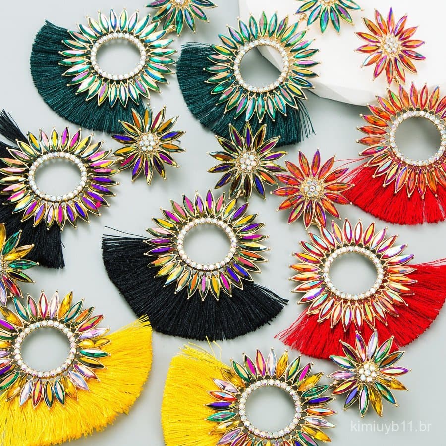 Brincos exagerados de estilo europeu e americano, brincos pendentes redondos de girassol com borlas de diamantes colorid