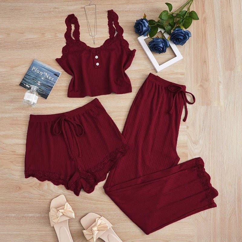 Pijamas femininos de verão, tricô legal, Design luxuoso, conjunto de pijama de 3 peças, incluindo colete de renda e calç