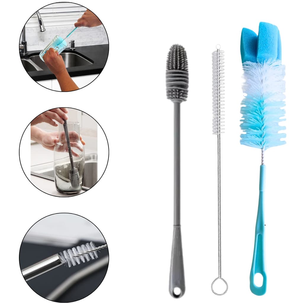 Kit 3 Escovas de Limpeza Silicone e Nylon para Copos Mamadeiras Canudos Garrafas