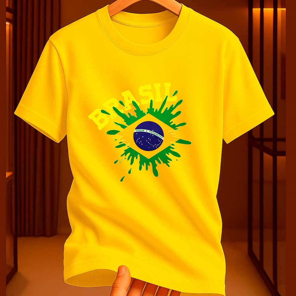 Camiseta 100% Algodão Infantil Bandeira do Brasil Hexa Copa Estampa Temática Futebol Infantil Gola Redonda Toque Suave