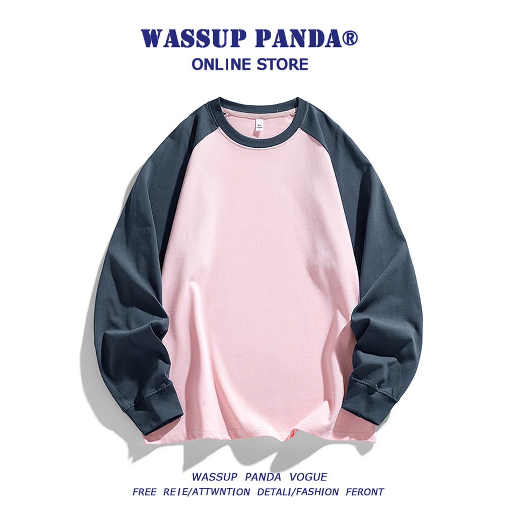 WASSUP PANDA Retro Contraste Cor Costura Camiseta de Manga Comprida Masculina Primavera Outono Solta Casual Gola Redonda