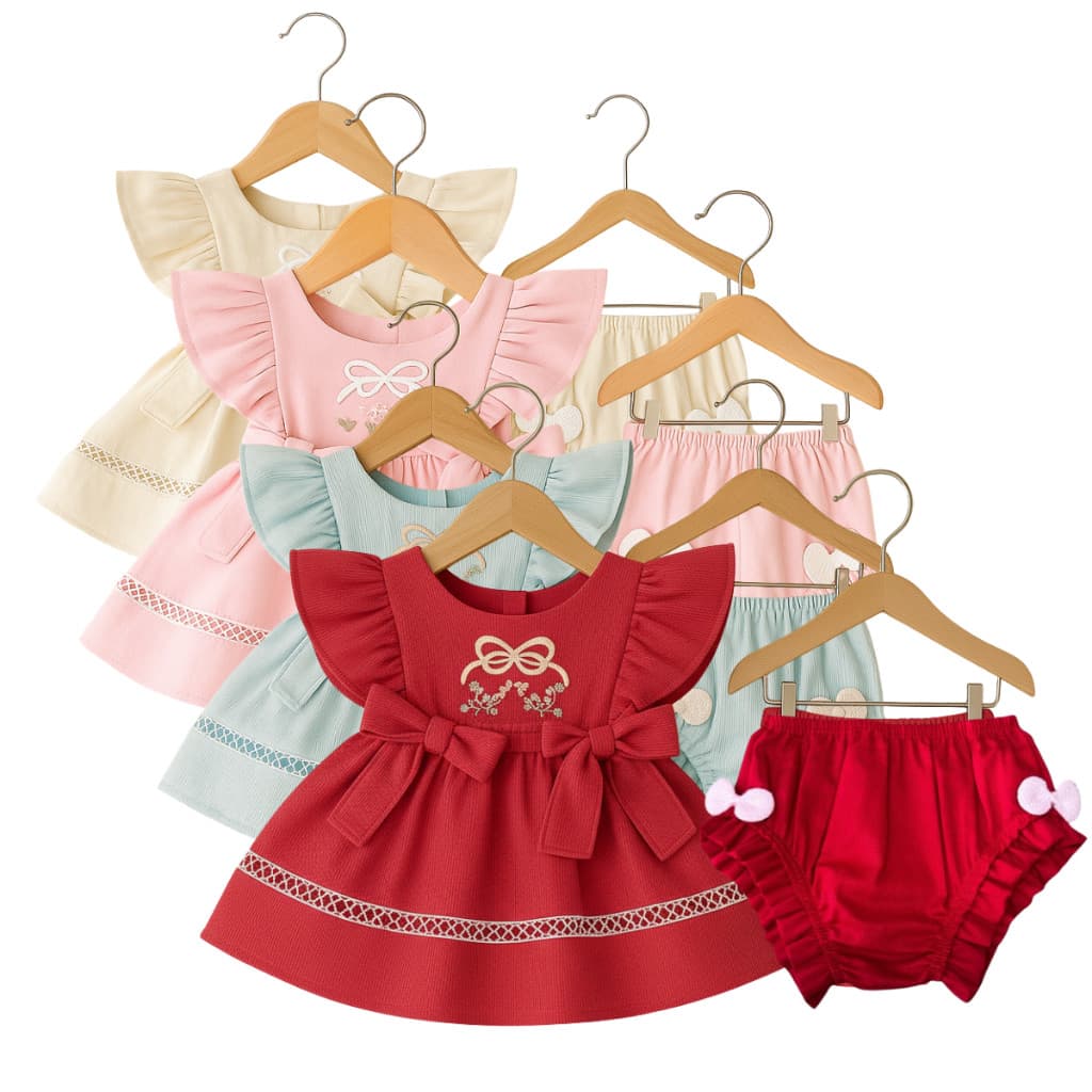 Vestido bordado com calcinha trabalhada para bebês 0 a 9 meses conjunto para meninas