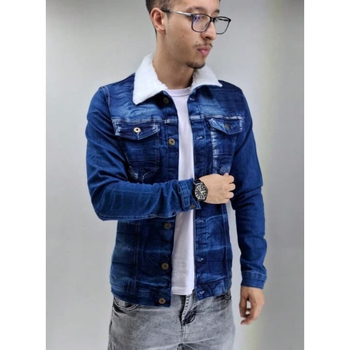 Jaqueta Masculina Jeans com Gola de Lã Branca Casual Urbano Azul